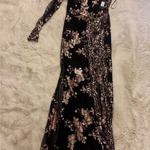 Fashion Nova Black and Gold One Shoulder Dress